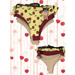 AQS XL Yellow Cherry Print-Red- Tan Seamless Lined Gusset Thong Panties-3 Pk